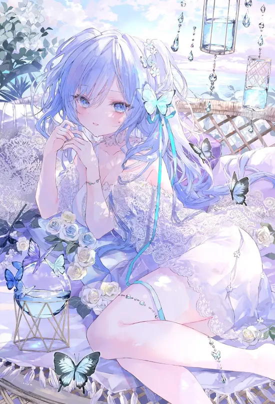 17 Cô gái anime dựa vào lan can tàu, áo khoác xanh dài, mái tóc bay ngược gió và mặt biển trải rộng phía sau.