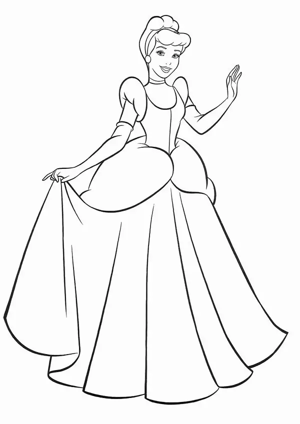 1 Tranh tô màu công chúa Disney Cinderella mặc váy dạ hội xòe rộng, một tay nâng váy và mỉm cười nhẹ nhàng.