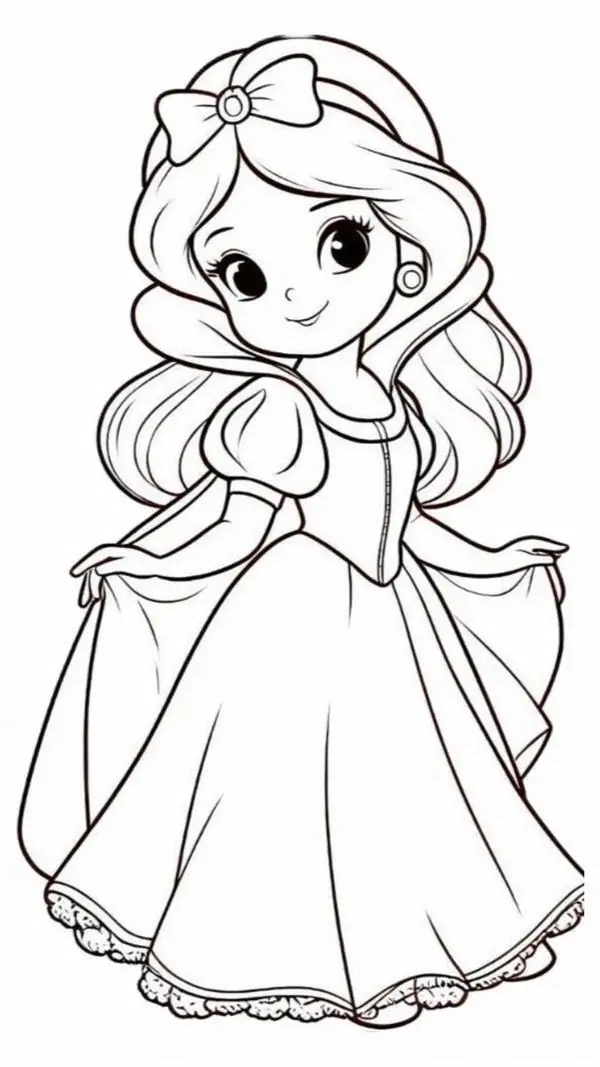 16 Snow White phiên bản chibi đứng khoanh tay trước ngực, váy phồng tròn và gương mặt ngây thơ dễ mến.