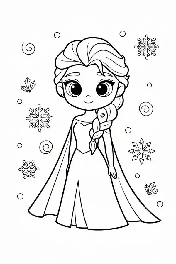 13 Tải hình tô màu công chúa Disney Elsa phiên bản nhỏ đứng giữa hoa tuyết, váy dài đơn giản và mắt tròn đáng yêu.