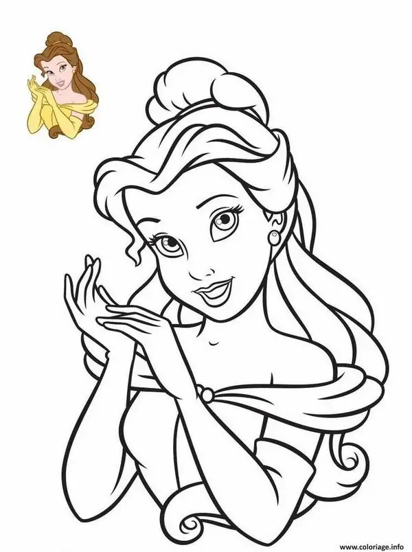 12 Belle ôm bông hồng trong bản line art rõ nét, mái tóc búi cao và nụ cười nghiêng rất dịu.