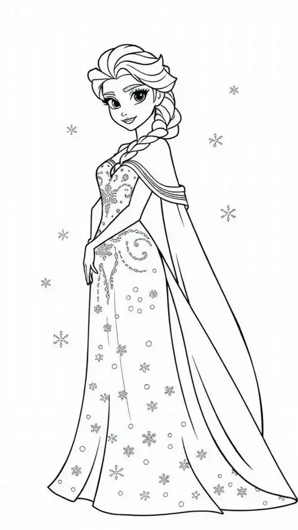 10 Elsa mặc váy dài phủ họa tiết tuyết, đứng thẳng nhẹ nhàng với tay áo choàng rơi mềm xuống hai bên.