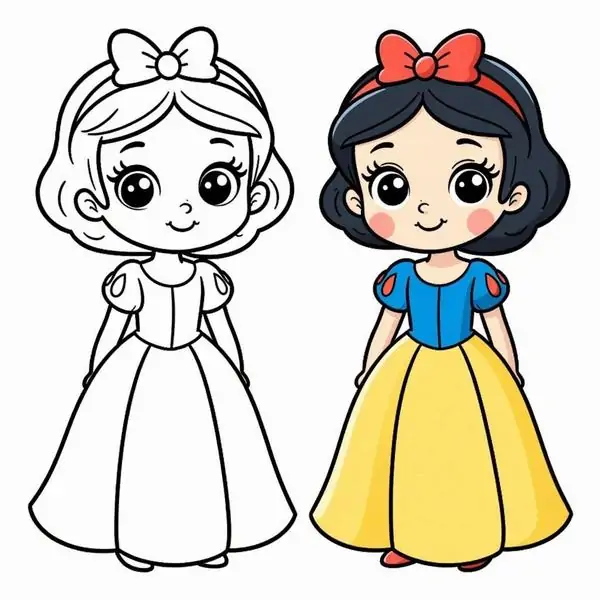 7 Trang tập tô màu Snow White có bản nét và bản tô mẫu, váy vàng xanh nổi bật cùng nơ đỏ trên tóc.