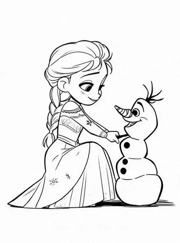 5 Elsa cúi nhìn Olaf bên cạnh, tóc tết lệch gọn, áo choàng dài và gương mặt mỉm cười thân thiện.