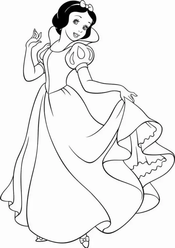 2 Snow White đứng nghiêng trong chiếc váy phồng, tay giơ cao như đang chào và mái tóc cài nơ gọn gàng.