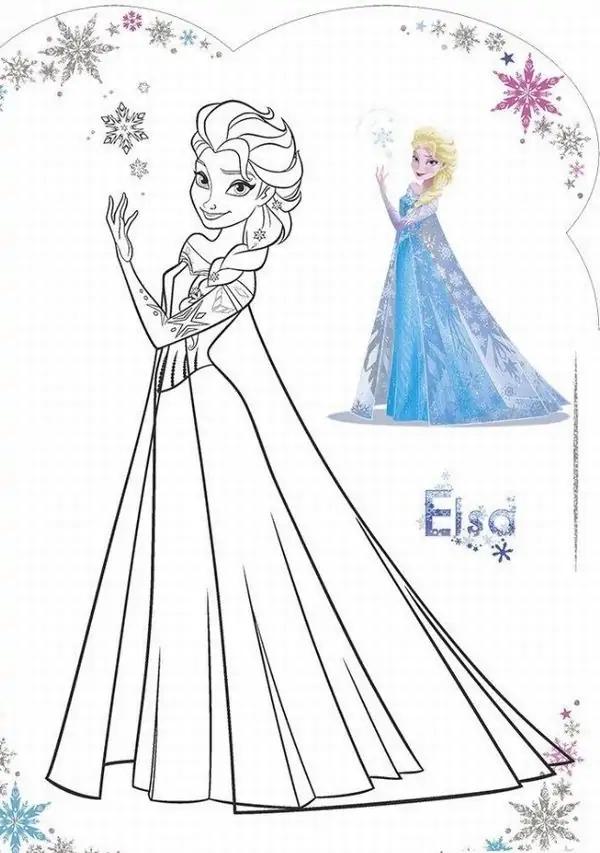 22 Elsa giơ tay tạo phép tuyết trong khung viền lấp lánh, cạnh bên có hình tô mẫu màu xanh.