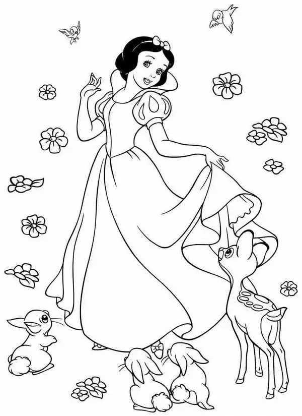 20 Snow White nâng váy bước đi giữa hoa và chim nhỏ, tóc ngắn cài nơ trong mẫu tô màu vui mắt.