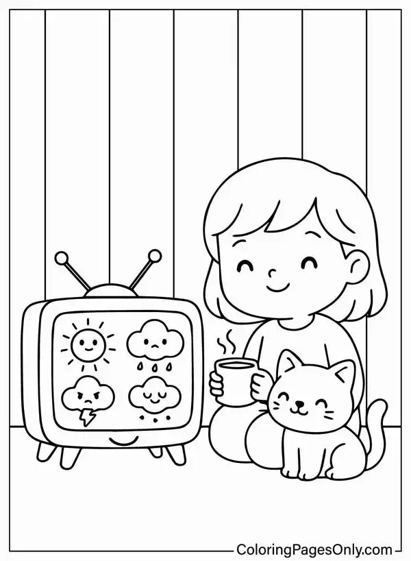 19 Mẫu in trang tập tô màu tivi gia đình với sofa, kệ gỗ, đèn đứng và màn hình chiếu cảnh ngôi nhà