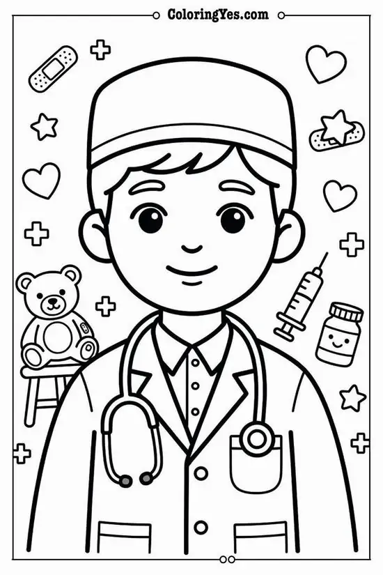10 Cô y tá đội mũ trắng mỉm cười giữa khung hình có trái tim gấu bông ống nghe và các biểu tượng chăm sóc