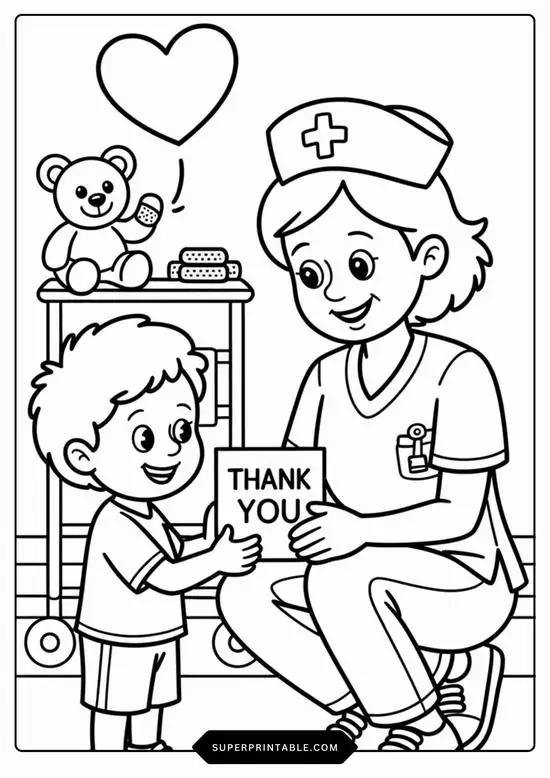 12 Cô y tá ngồi xuống nhận lời cảm ơn từ bé trai trong mẫu tô màu bệnh viện có gấu bông và trái tim