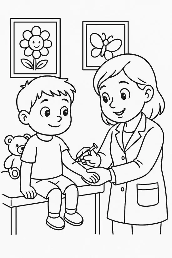 15 Nữ bác sĩ cúi nhẹ đưa đồ cho bé trai trong phòng khám có tranh hoa trên tường và chiếc ghế nhỏ cạnh bên