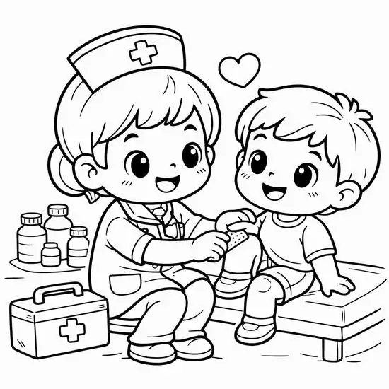16 Cô y tá đội mũ cười tươi ngồi cạnh hai bé trong trang màu phòng khám có hộp thuốc lọ thuốc và trái tim