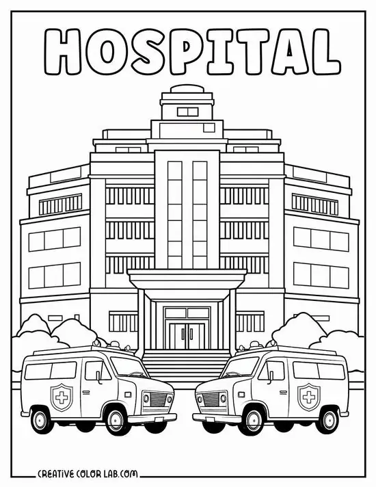 17 Tòa bệnh viện lớn hiện rõ chữ hospital phía trên với hai xe cứu thương đậu trước cửa tạo cảm giác sẵn sàng