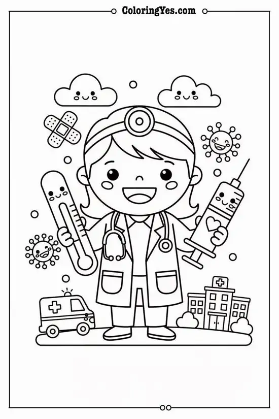 18 Bé gái mặc áo bác sĩ cầm ống nghe đứng vui vẻ giữa biểu tượng thuốc men virus và hộp y tế xung quanh