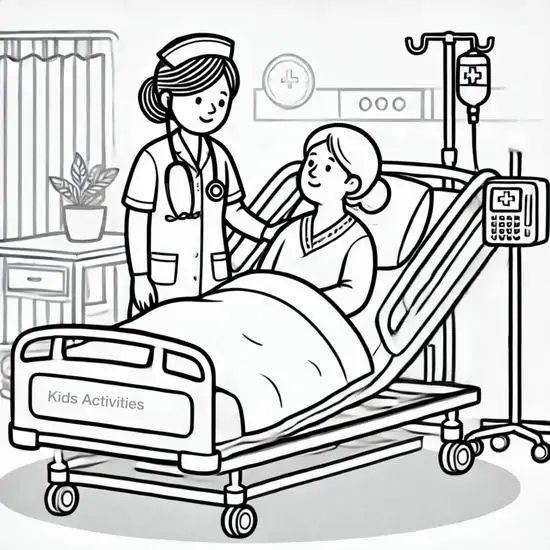 3 Cô bác sĩ đứng cạnh giường bệnh nhìn bé gái nằm nghỉ giữa máy truyền dịch màn hình theo dõi và rèm phòng khám
