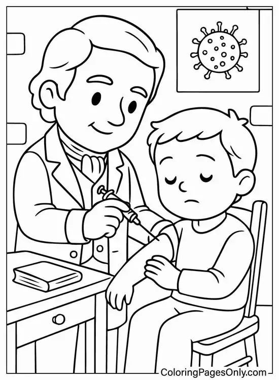 4 Bác sĩ nam nhẹ nhàng tiêm cho cậu bé vẻ hơi lo lắng trong hình tập tô nghề y có tranh virus sau lưng