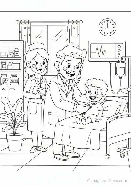 5 Một bác sĩ cúi xuống chăm sóc em bé trên bàn khám trong căn phòng sáng có kệ thuốc cây cảnh và đồ chơi nhỏ