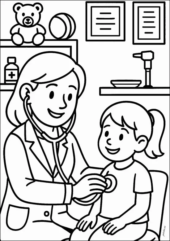 6 Nữ bác sĩ đeo gương trán cười hiền khi kiểm tra bé gái trước kệ đồ chơi khung bằng và dụng cụ khám đơn giản