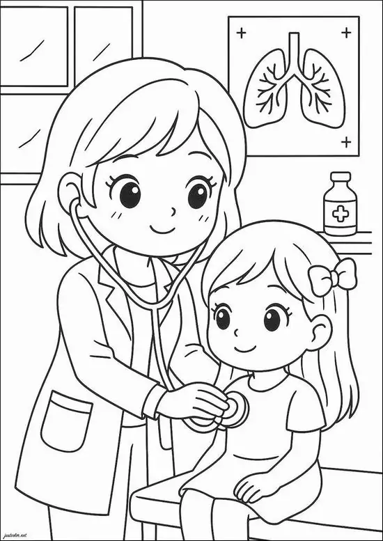 8 Y tá đội mũ tròn lắng nghe nhịp tim bé bằng ống nghe trong tranh vẽ line art có áp phích tai phía sau