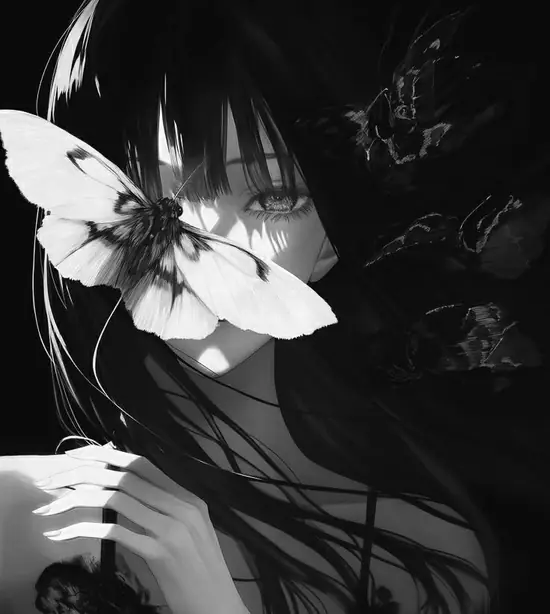 67 Ảnh Anime Nữ Đen Trắng cận mặt với mái tóc đen dài và góc nghiêng gương mặt cực ngầu