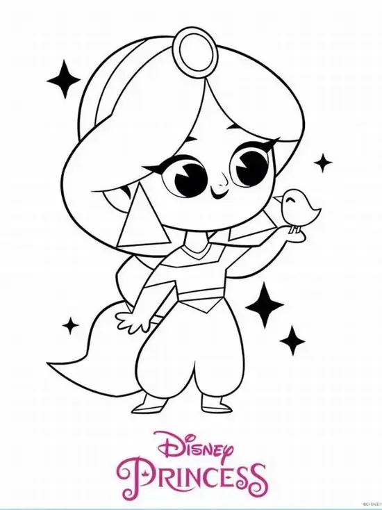 1 Tranh tô màu Cinderella chibi đứng giữa khung trái tim, váy xòe rộng, tóc búi cao và đôi mắt to nhìn rất vui