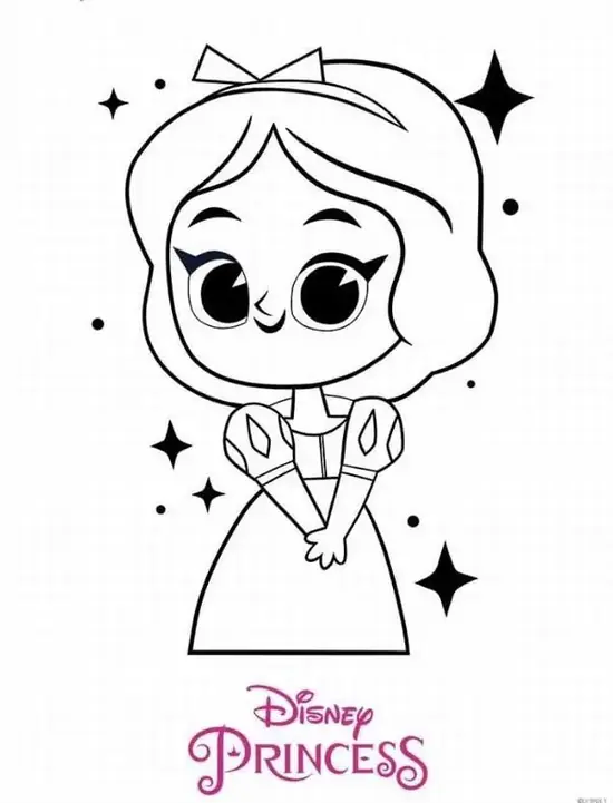 7 Trang tập tô màu vương miện nhỏ nằm trên mái tóc bồng bềnh, nhân vật chibi mỉm cười với hai má tròn đáng yêu
