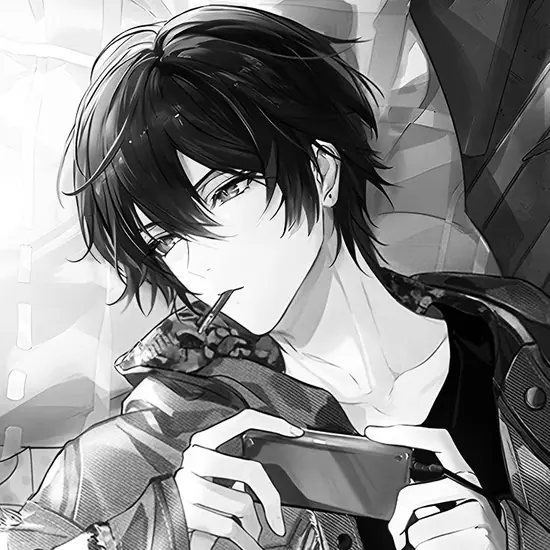 12 Một mảng bóng đổ nửa mặt phủ qua mắt trái, nhân vật đứng yên với vẻ avatar anime nam trắng đen sắc nét.