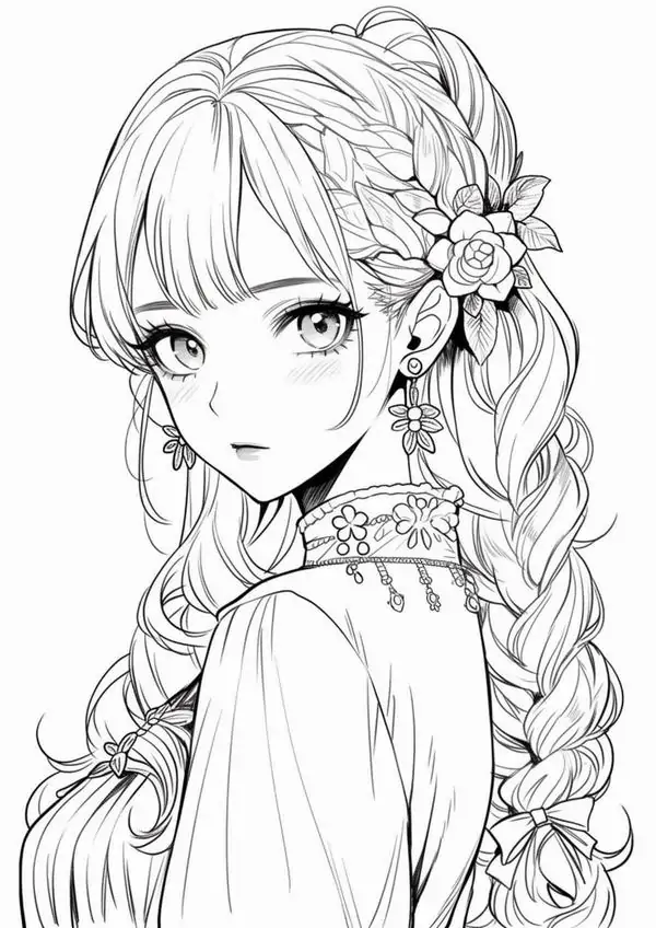 36 Băng đô nhỏ giữ mái tóc rối của nhân vật anime nữ, áo khoác rộng và đôi mắt lạnh nhìn từ góc nghiêng