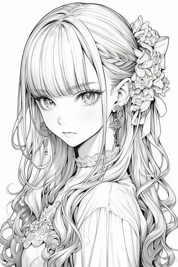 20 Bông hoa lớn gài bên tóc làm cô gái thiếu nữ anime thêm mềm mại, biểu cảm nghiêm nhẹ trong khung chân dung