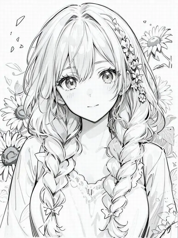21 Hai bím tóc dày rơi xuống áo tạo vẻ hiền hơn, cô gái anime nhìn thẳng giữa hoa lá và đường nét khá chi tiết
