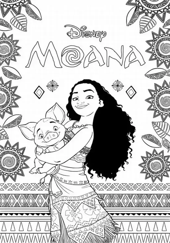 60 Tranh Tô Màu Công Chúa Moana cầm mái chèo giữa sóng biển bên chú heo Pua