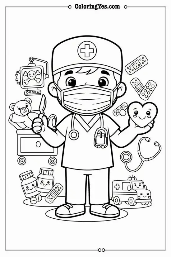 32 Bác sĩ nhí đeo khẩu trang cầm ống nghe trong tranh line art y tế có thuốc viên kim tiêm và trái tim quanh người