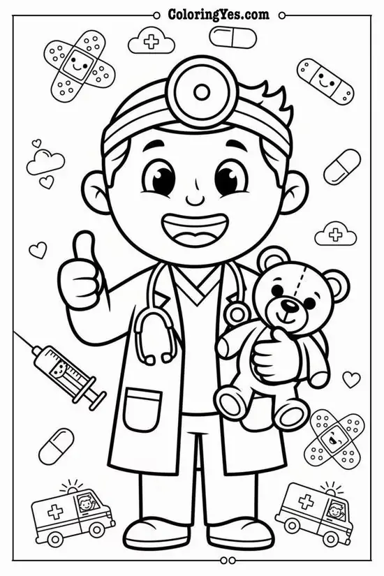 26 Bé gái bác sĩ đeo gương trán giơ tay vui vẻ bên gấu bông và biểu tượng thuốc tạo cảm giác rất hào hứng