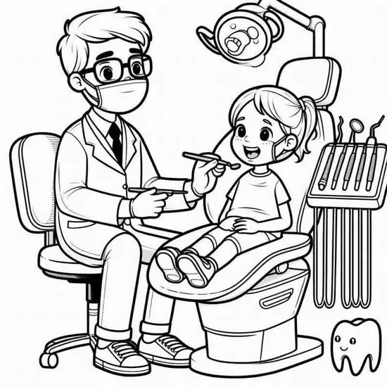 27 Nha sĩ nam đeo kính đang khám cho bé gái trên ghế răng miệng với đèn tròn và dụng cụ treo bên cạnh