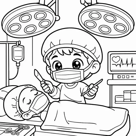 28 Bác sĩ phẫu thuật nhí đeo khẩu trang đứng dưới đèn mổ trong phiếu tô màu sức khỏe có giường bệnh và màn hình