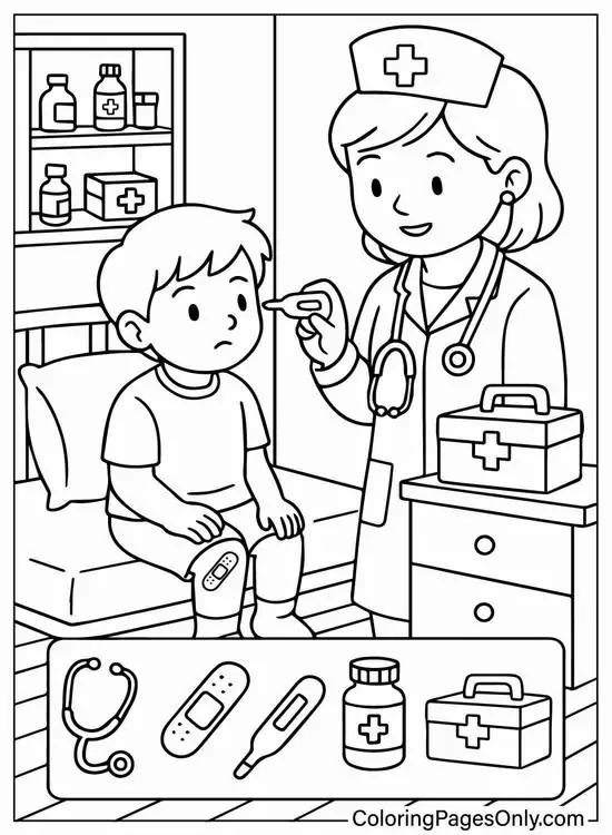 29 Cô y tá đứng cạnh cậu bé ngồi chờ trong phòng khám có tủ thuốc ngăn kéo và biểu tượng y tế phía sau