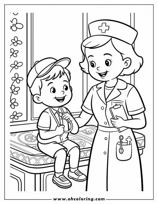 30 Nữ y tá trò chuyện với bé trai ngồi trên giường bệnh trong căn phòng có cửa sổ hoa và rèm treo dịu mắt