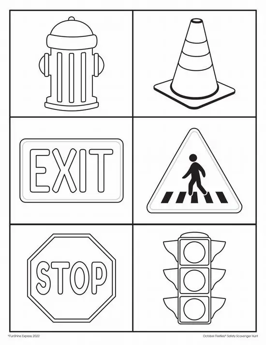 7 Trang tập tô màu gồm vòi nước, cọc tiêu, biển exit, stop và đèn giao thông, các ô nhỏ được chia rõ ràng