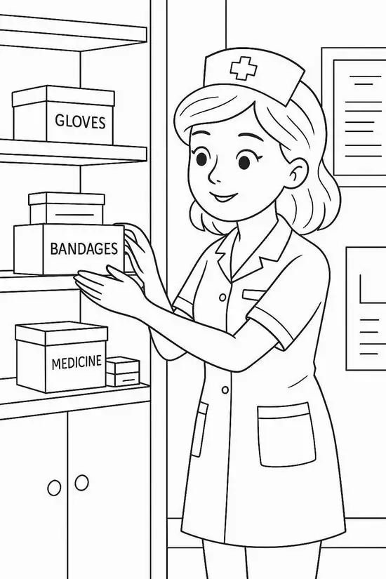 43 Bản vẽ tô màu bác sĩ thú y mặc blouse nghe tim chú mèo nhỏ trên bàn khám có lọ thuốc và khăn trải