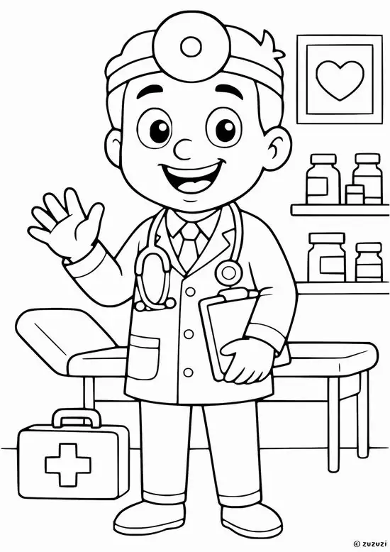 38 Cậu bé bác sĩ đeo khẩu trang mang găng tay kiểm tra hộp sơ cứu trên bàn với vẻ nghiêm túc nhưng đáng yêu