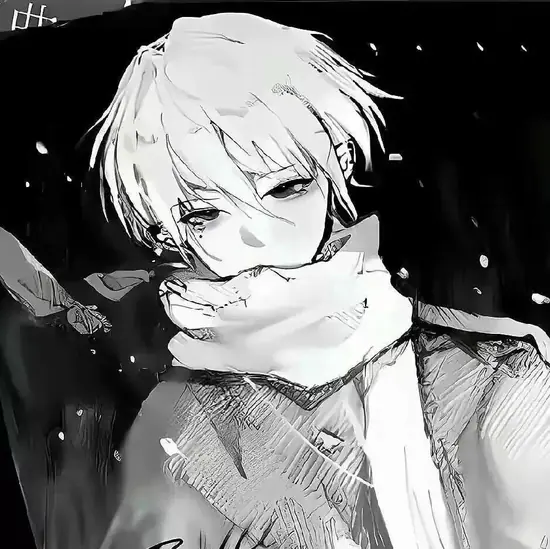 20 Nền trắng rộng bao quanh chàng trai tóc bạc, tay đút túi áo dài và chất ảnh nam anime tối giản nổi rõ.