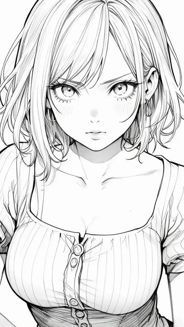 19 Cận mặt cô gái anime tóc ngắn, ánh nhìn thẳng khá sắc, áo trễ vai đơn giản giúp khuôn mặt nổi bật hơn