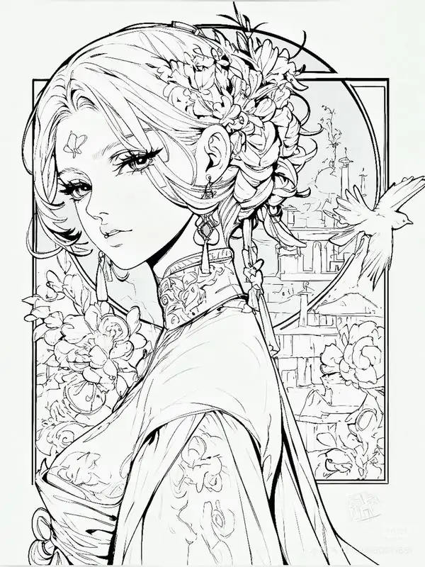11 Cô gái anime quay nghiêng với búi tóc hoa cầu kỳ, cổ áo cao, ánh mắt lạnh hợp phong cách tranh tô màu cá tính
