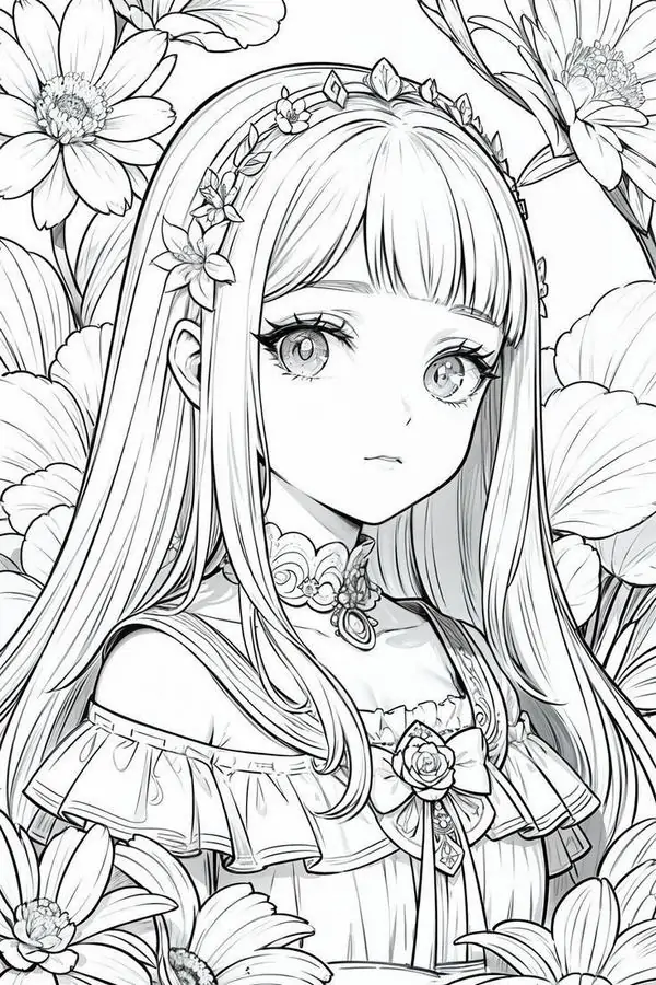 1 Cô gái anime đứng giữa khung hoa lớn, mái tóc dài thẳng, váy trễ vai và ánh mắt lạnh nhìn thẳng rất rõ nét