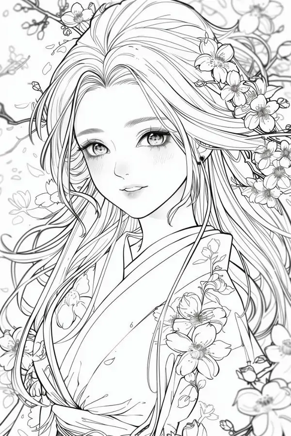 2 Nàng anime mặc kimono hoa mềm, tóc dài uốn nhẹ, gương mặt dịu nhưng vẫn giữ nét điềm tĩnh trong vườn nở rộ