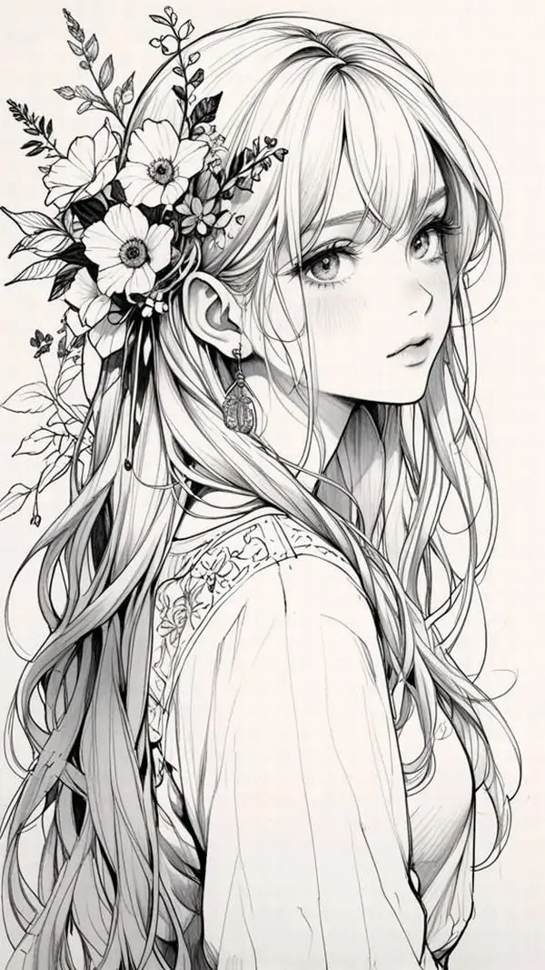 3 Mái tóc tết dài phủ hoa nổi bật quanh vai cô gái anime, biểu cảm trầm lặng hợp tranh tô màu anime girl ngầu lạnh lùng