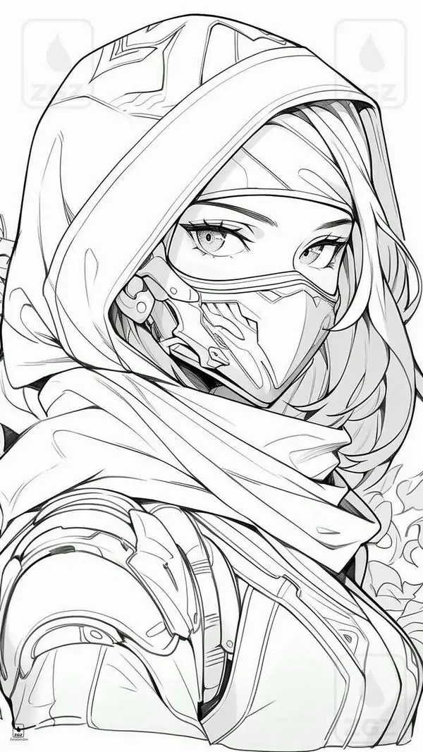 5 Ánh mắt sắc hé dưới lớp khăn trùm đầu, cô gái anime che mặt bằng vải quấn, trang phục nhiều nếp rất cá tính