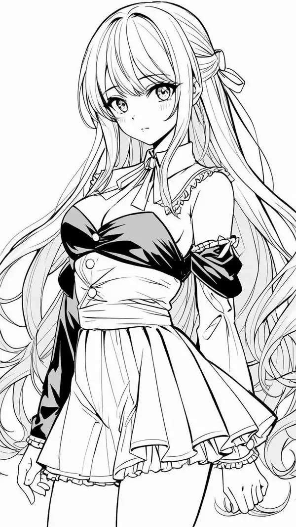 6 Cô gái anime toàn thân mặc váy ngắn và áo khoác hở vai, tay buông nhẹ, gương mặt bình thản nhìn nghiêng