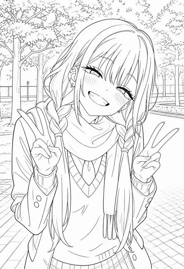 7 Nhân vật anime cười nhắm mắt giơ hai tay tạo dáng vui, tóc dài buộc hai bên, phía sau là cảnh phố nhiều cây