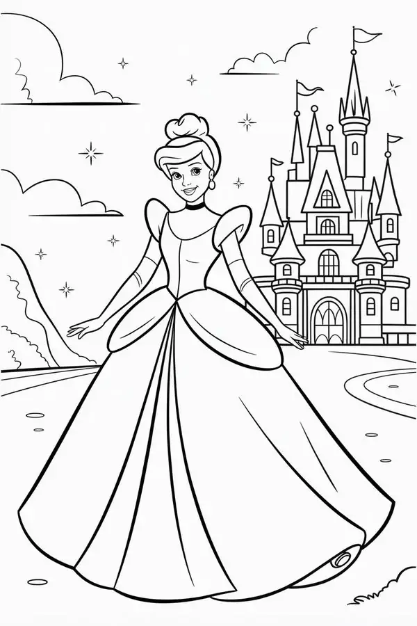 31 Tô tranh công chúa Disney Rapunzel cầm lọn tóc dài, váy tay phồng và nụ cười tươi trước tháp cao.
